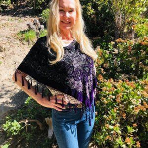Poncho top, semi sheer purple beaded sequin fringe